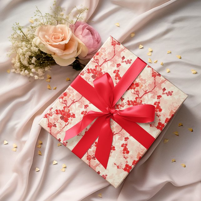 Papier Cadeau Chinoiserie vintage Asiatique Floral Rouge Rose (Créateur téléchargé)