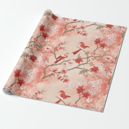 Papier Cadeau Chinoiserie vintage Fleurs blanches roses rouges a