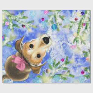 Papier Cadeau Chiot avec ruban rose - Joyeux Noël