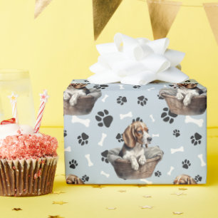 Papier Cadeau Chiot Beagle mignon dans Empreinte de patte panier