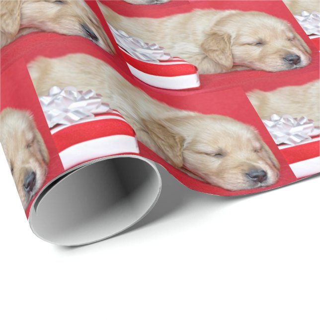 Papier Cadeau Chiot dormant de Noël Golden Retriever (Coin rond)