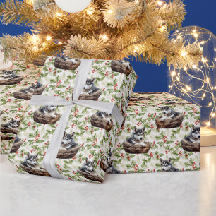 Papier Cadeau Chiot sibérien Husky en panier Noël Holly