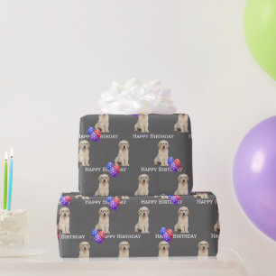 Papier Cadeau Chiots Retriever doré d'anniversaire avec ballons