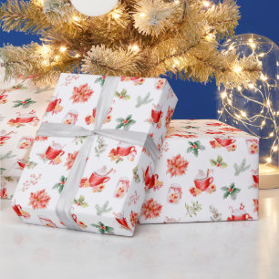 Papier Cadeau Chocolat chaud de Noël et poinsettias rouges