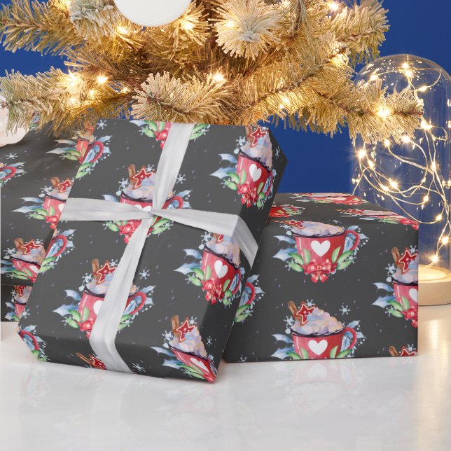 Papier Cadeau Chocolat chaud de Noël sur gris (Vacances)