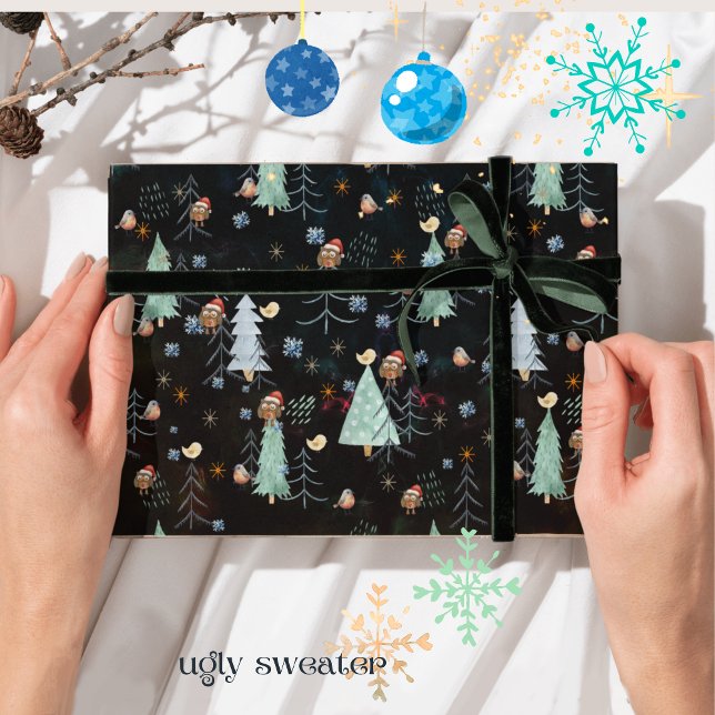 Papier Cadeau Chou mignon de fête de Noël (Ugly Sweater Christmas Party cute Owl Wrapping Paper)