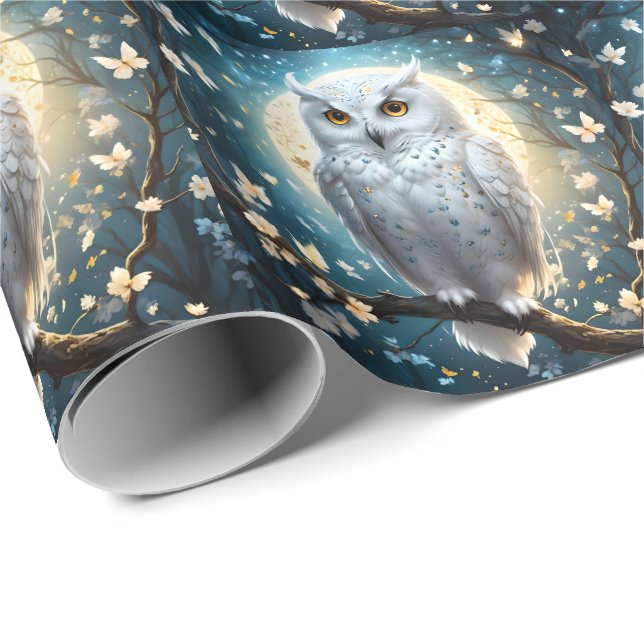 Papier Cadeau Chouette À Neige Et Lune Avec Étincelle, (Coin rond)