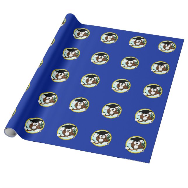 Papier Cadeau Chouette avec Casquette et diplôme - Bleu et or (Déroulé)