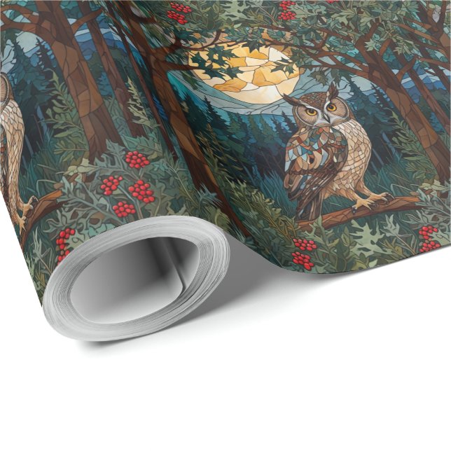 Papier Cadeau Chouette boho élégant tache de verre forêt boisée (Coin rond)