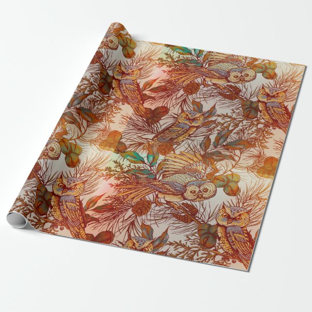 Papier Cadeau Chouette d'automne vintage (Déroulé)