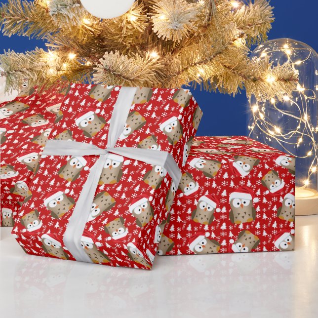 Papier Cadeau Chouette de Noël avec chapeau de Noël (Vacances)