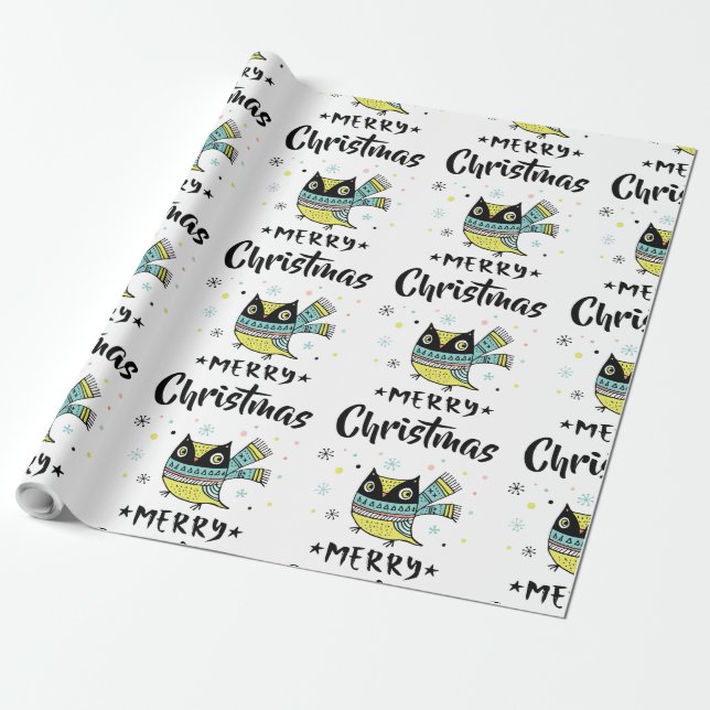 Papier Cadeau Chouette de Noël mignonne et typographie noire (Déroulé)