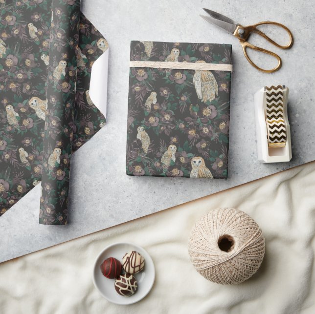 Papier Cadeau Chouette éffrayante et modèle floral de nuit (Artisanat)