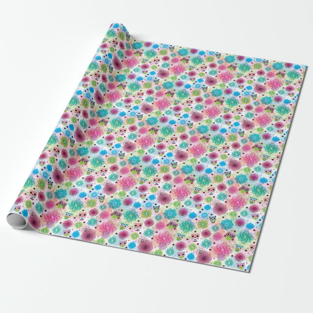 Papier Cadeau Chouette fleur mignonne arrière - plan motif (Déroulé)