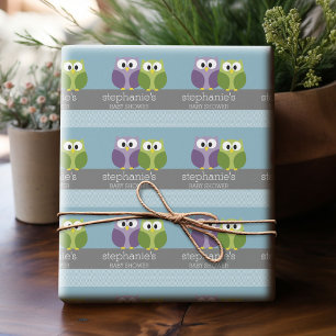 Papier Cadeau Chouette mignonne en Branche - Bleu bébé garçon do