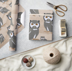 Papier Cadeau Chouette Motif & Bois rustique
