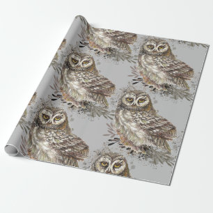 Papier Cadeau Chouette oiseau nature animal aquarelle noir et bl