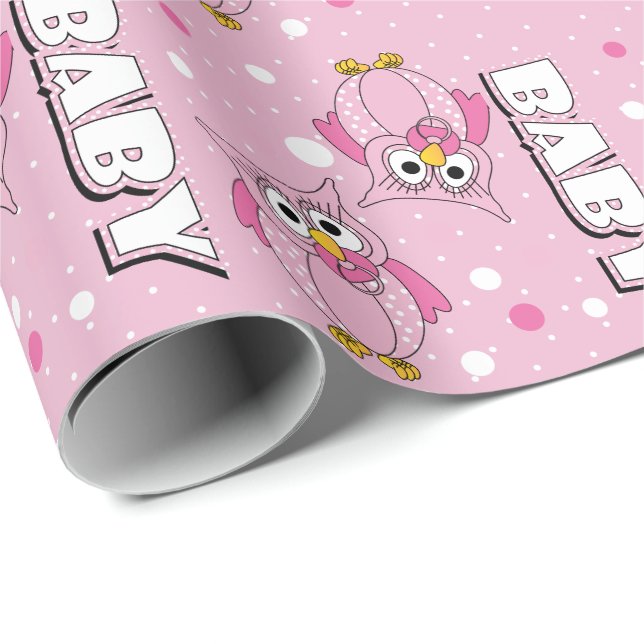 Papier Cadeau Chouettes à pois rose clair pour bébé (Coin rond)