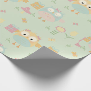 Papier Cadeau Chouettes Anniversaire Présents Vert Bleu Fleurs S