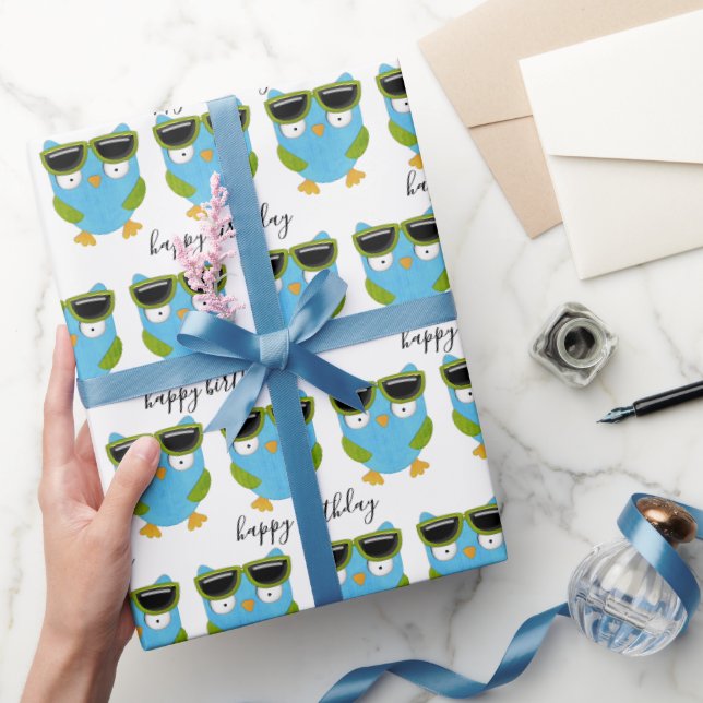 Papier Cadeau Chouettes d'anniversaire avec lunettes de soleil (Cadeaux)