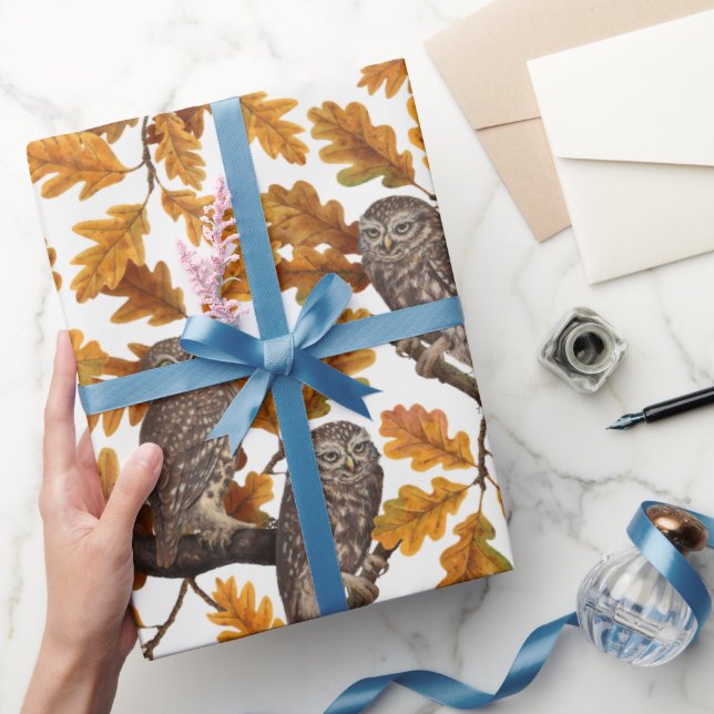 Papier Cadeau Chouettes d'automne sur coton blanc (Cadeaux)