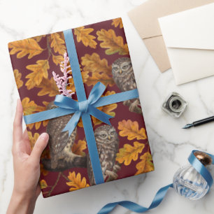 Papier Cadeau Chouettes d'automne sur rouge foncé