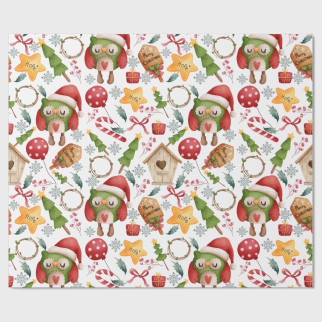 Papier Cadeau Chouettes de Noël à l'aquarelle mignonne (Plat)