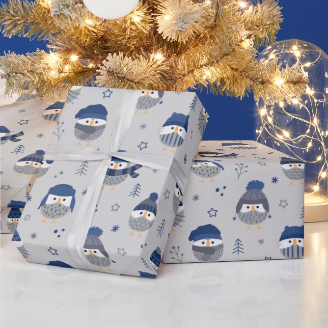Papier Cadeau Chouettes d'hiver avec laine casquette bleu (Vacances)