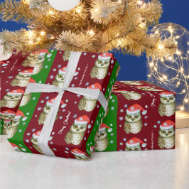 Papier Cadeau Chouettes en Santa Hats Motif de Noël, Rouge & Ver