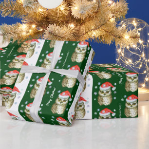 Papier Cadeau Chouettes en Santa Hats Motif de Noël, Vert
