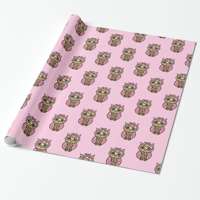 Papier Cadeau Chouettes roses lunaires (Déroulé)