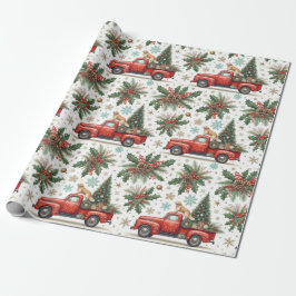 Papier Cadeau Christma Red Truck Dog & Holiday Greenery 
