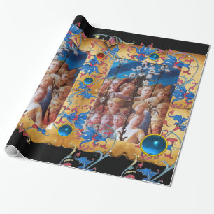 PAPIER CADEAU CHRISTMAS ANGELS PARCHEMENT, FLEURS BLEUES ROUGES,