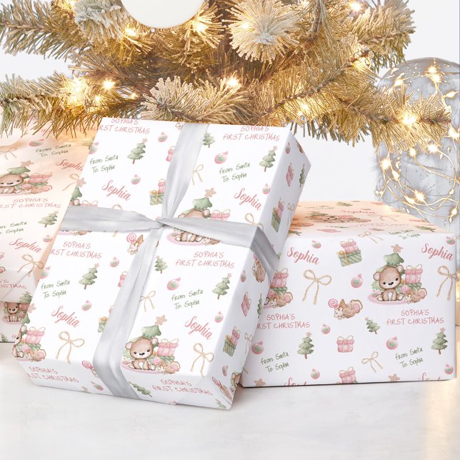 Papier Cadeau Christmas Bear Girl rose Nom Texte Noël (Christmas Bear Girl Pink Name Text Christmas Wrapping Paper)
