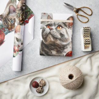 Papier Cadeau Christmas Cats with Red Ornaments – Cozy Watercolo