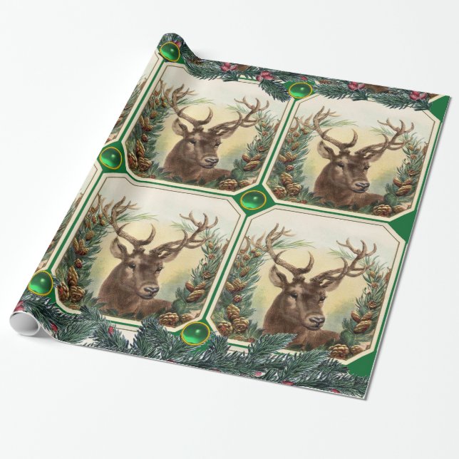 PAPIER CADEAU CHRISTMAS DEER, PINE CONE CROWNS, GREEN GEMSTONES (Déroulé)