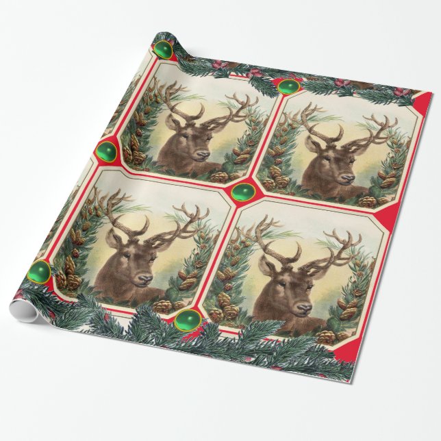 Papier Cadeau CHRISTMAS DEER, PINE CONES COURONNE, GREEN GEMS Ro (Déroulé)