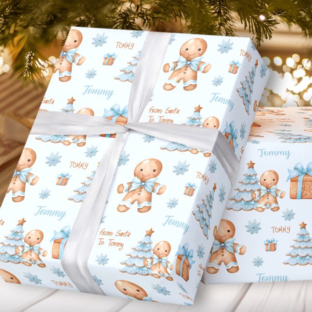 Papier Cadeau Christmas Gingerbread Homme Garçon Bleu Nom Texte (Christmas Gingerbread Man Boy Blue Name Text Wrapping Paper)