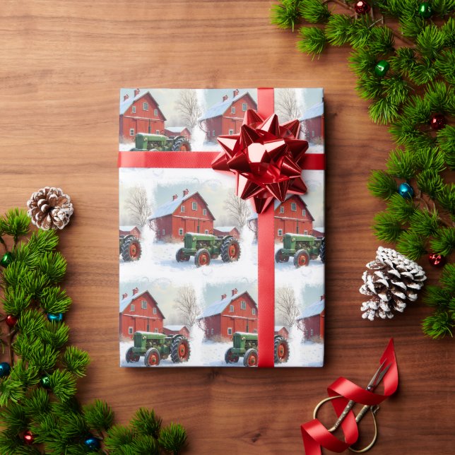 Papier Cadeau Christmas Green Farm Tractor and Red Barn (Cadeau de vacances)