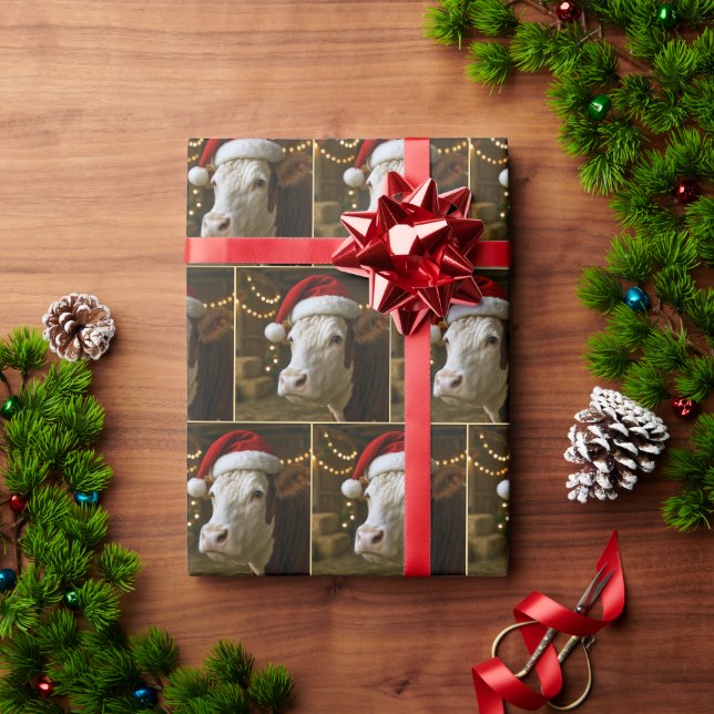 Papier Cadeau Christmas Hereford Cow Wearing a Santa Hat (Cadeau de vacances)