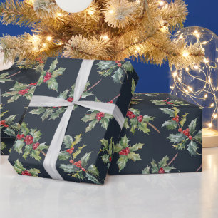 Papier Cadeau Christmas Holly Berry Branches avec Feuille