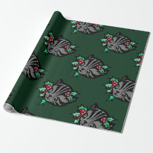 Papier Cadeau Christmas Holly Tiger Stripe Tabby Cat Xmas