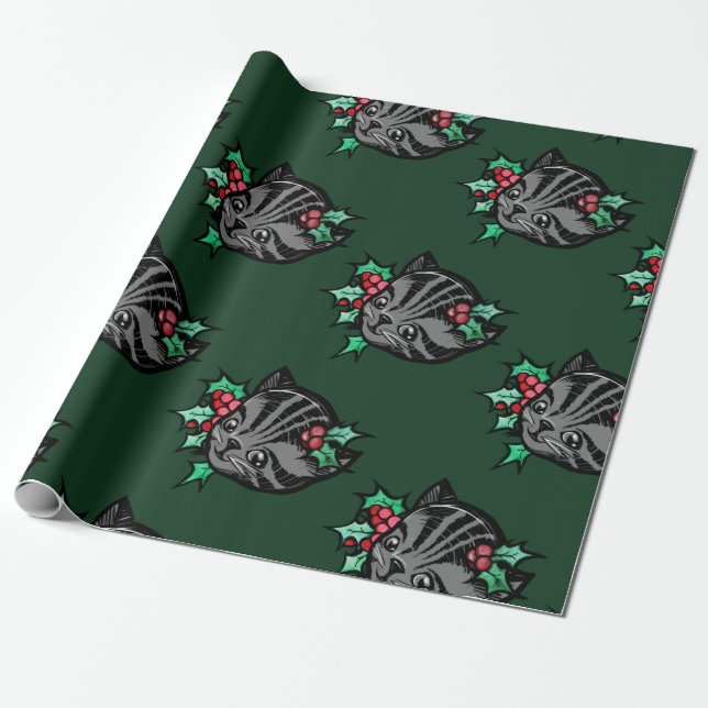 Papier Cadeau Christmas Holly Tiger Stripe Tabby Cat Xmas (Déroulé)