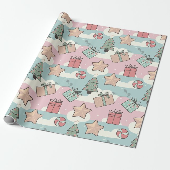 Papier Cadeau Christmas pastel gift stars and candy (Déroulé)