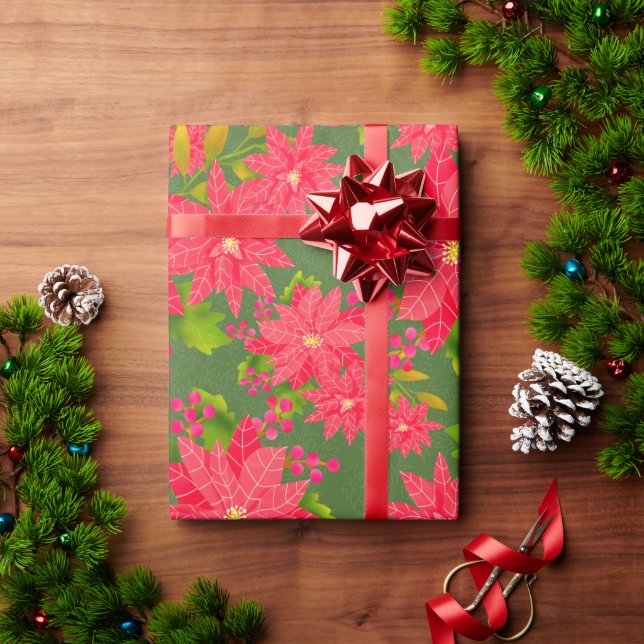 Papier Cadeau Christmas Poinsettia Green (Cadeau de vacances)