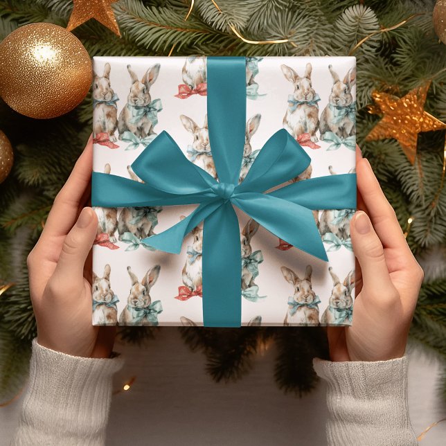 Papier Cadeau Christmas Rabbits with Bows Wrapping Paper (Créateur téléchargé)