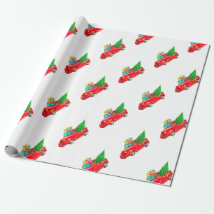 Papier Cadeau Christmas red truck with a Christmas tree and veni