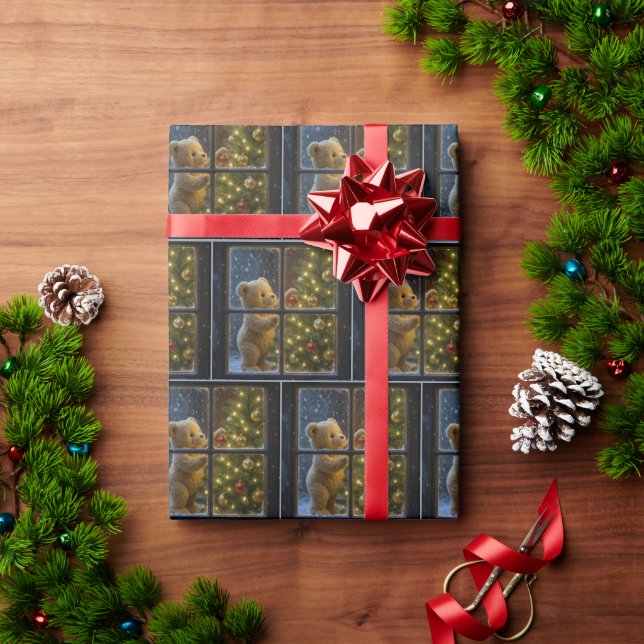 Papier Cadeau Christmas Teddy Bear Decorating a Tree (Cadeau de vacances)