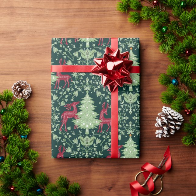 Papier Cadeau Christmas Tree and Reindeer -Folk Art - Green (Cadeau de vacances)