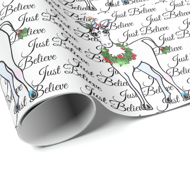 Papier Cadeau Christmas Unicorn, juste croire (Coin rond)